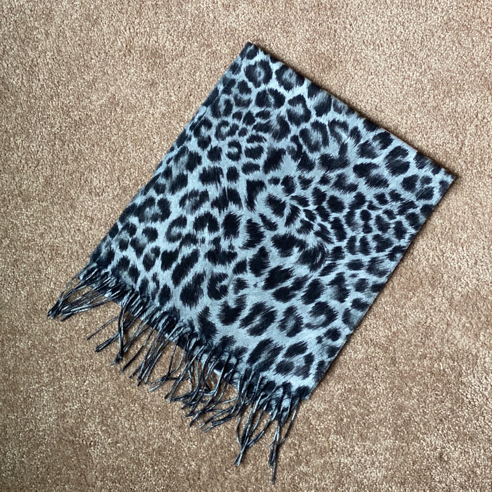 Gray & Black Leopard Scarf with Fringe
